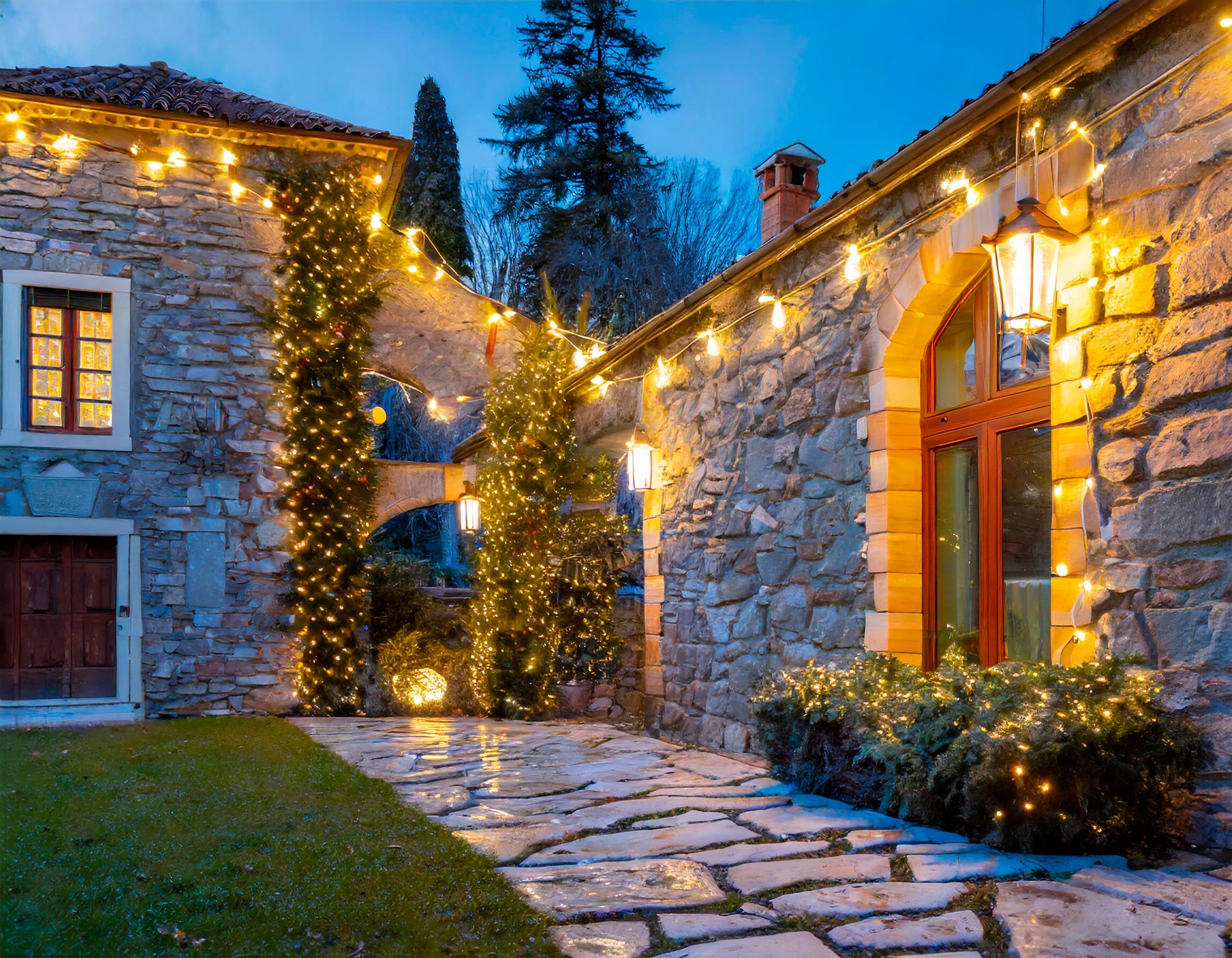 Esterno di una casa friulana ristrutturata con pietre a vista illuminato con molte luci a Led.