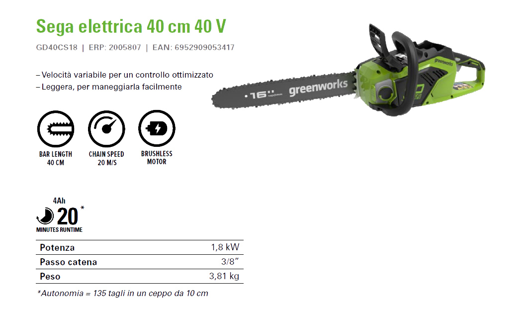 Greenworks Sega elettrica 40 cm 40 V